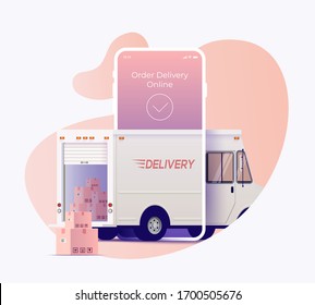 Delivery truck arrives through smartphone screen display with opened trunk and packages outside. Order and track delivery online service banner design concept. Vector illustration.