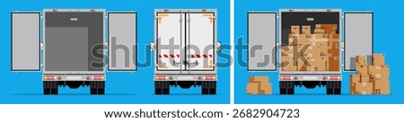 Delivery truck back view with open and closed doors. Shipment and cargo transportation concept for logistics website.