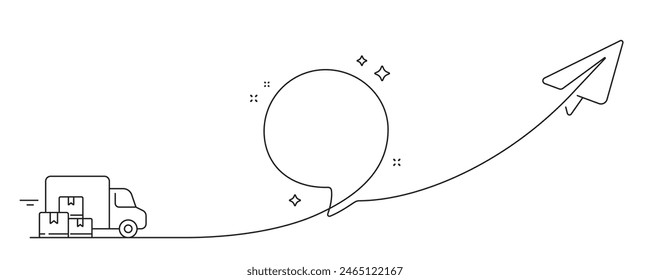 Delivery truck banner. Paper plane travel route. Line journey path, plane location, travel destination. Delivery truck with box packages. Speech bubble with flight route and paper plane. Vector