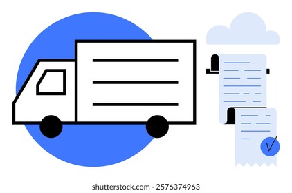 Delivery truck beside a cloud background with invoices and a checkmark, symbolizing shipping, logistics, and digital record-keeping. Ideal for e-commerce, transportation, delivery services, supply