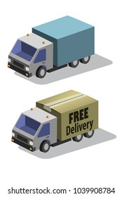 Delivery truck with a box. 3D Flat Vector Isometric Vehicle.