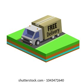 Delivery truck with a box. 3D Flat Vector Isometric Vehicle.