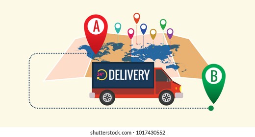 Delivery truck with box of cargo and smartphone with map. Fast delivery service concept.