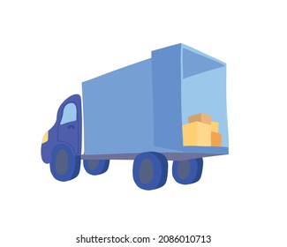 Delivery truck with box. Lorry with stack of goods cardboard on business delivery services. 