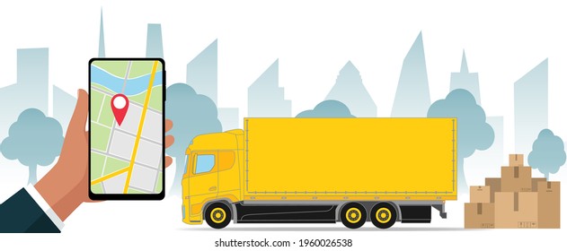 Delivery truck, box and male hand holding mobile phone with map and navigation icon in flat style. Online order trucking service, shipping. Vector illustration.