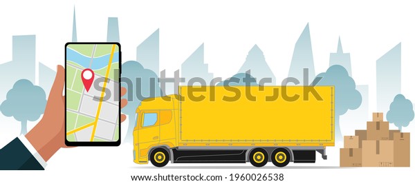 Delivery truck, box and\
male hand holding mobile phone with map and navigation icon in flat\
style. Online order trucking service, shipping. Vector\
illustration.