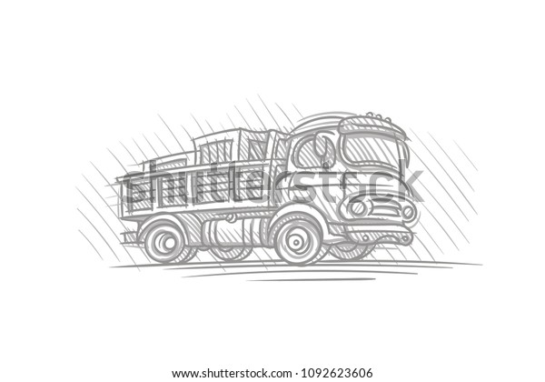 Delivery\
truck with boxes hand drawn sketch.\
Vector.
