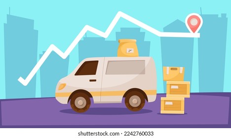 Delivery truck with boxes and packages vector illustration. Cartoon drawing of van delivering internet orders, silhouette of city buildings. Delivery service, transportation, logistics concept