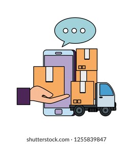 delivery truck with boxes and smartphone