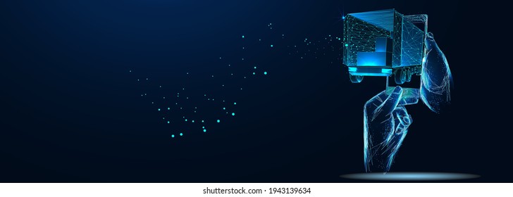 Delivery. Truck, boxes and smartphone in dark blue background. Online cargo delivery service, logistics or tracking app concept. Abstract 3d poligonal vector illustration of online freight delivery