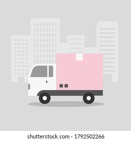 Delivery truck and building vector illustration.