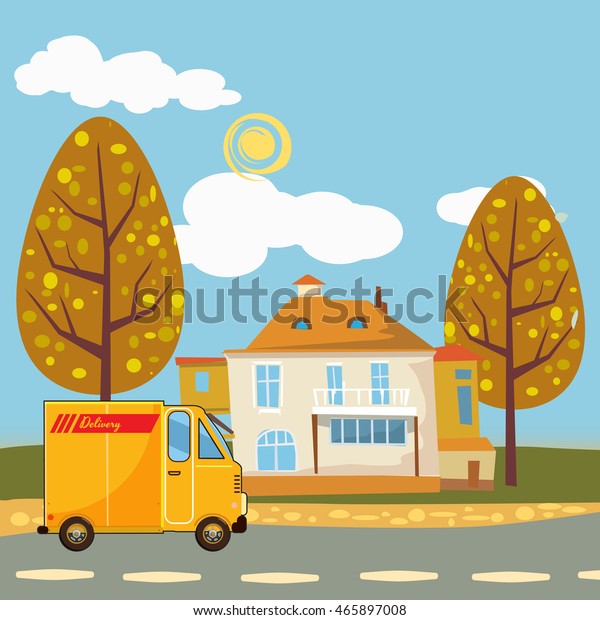 Delivery truck bus, landscape, cartoon,\
Banner, vector\
illustration