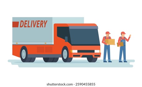 Delivery Truck or Car Vector Illustration with Courier, Flat style editable elements