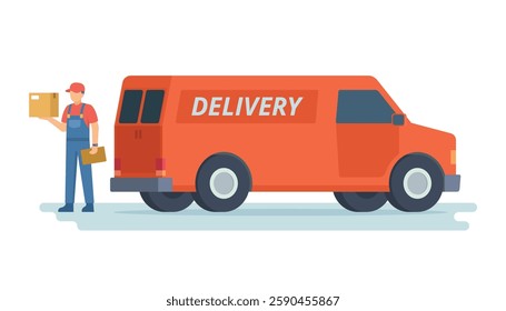 Delivery Truck or Car Vector Illustration with Courier, Flat style editable elements