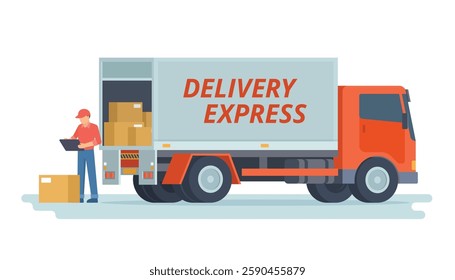 Delivery Truck or Car Vector Illustration with Courier, Flat style editable elements