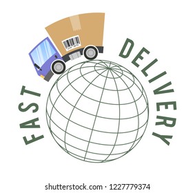 Delivery truck with cardboard box, concept fast transport