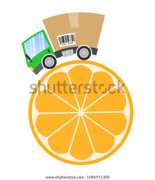 Delivery truck\
with cardboard box, fruit\
business