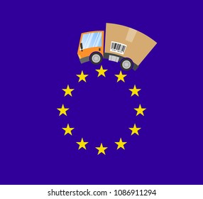 Delivery truck with cardboard box, international trade in the European Union