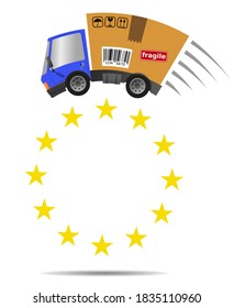 Delivery truck with cardboard box, international trade in the European Union