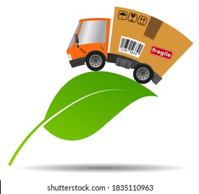 Delivery truck with cardboard box and leaf, concept ecology and environment vector illustration