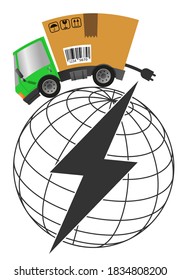 Delivery truck with cardboard box like electric car and symbol battery, vector illustration