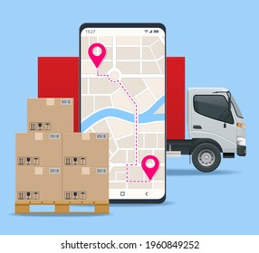Delivery truck with cardboard box, mobile phone. Delivery service via modern technology. Tracking system. Mobile App.