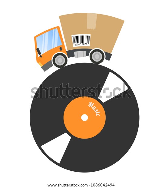 Delivery truck\
with cardboard box, music\
business