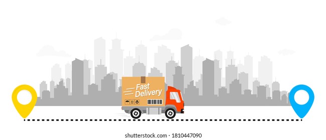 Delivery truck with cardboard box on mobile phone and city background. E-commerce concept. Web Page, app design. Express delivery service. Delivery route