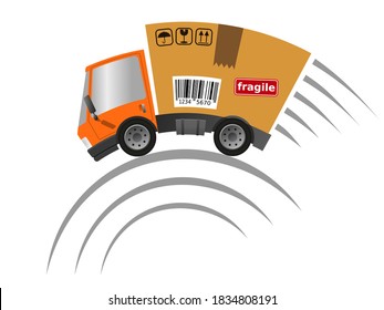 Delivery truck with cardboard box speed motion, vector illustration