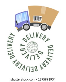 Delivery truck with cardboard box, text on a spiral and globe, concept e-commerce