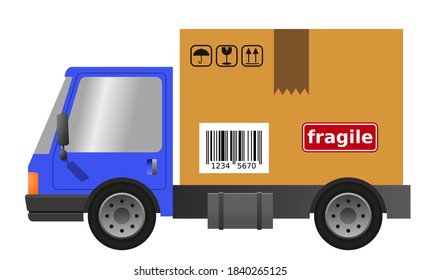 Delivery truck with cardboard box, vector flat illustration