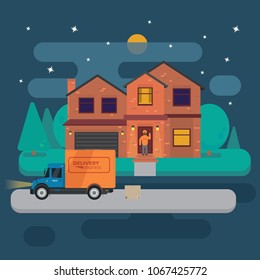 Delivery truck with cardboard boxes near house on background of summer night house. Fast delivery banner, vector illustration. Commercial vehicle