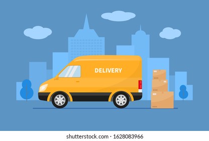 Delivery truck with cardboard boxes stands against on the background city. Vector illustration yellow fast delivery truck van, goods shipping transport. Concept service fast post car, mail minivan.