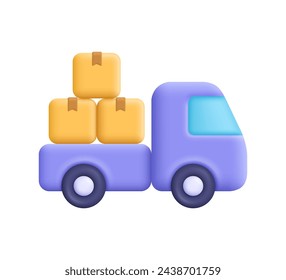 Camión de reparto, camioneta de carga con cajas de embalaje de cartón. Concepto de envío, entrega y transporte. Icono de vector 3d. Dibujos animados estilo minimalista.