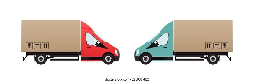 Delivery truck with carton delivery box as container. Red and blue cabin. Shipping, transportation service illustration. Shipping by van or truck. Vector illustration