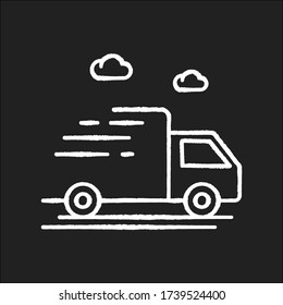 Delivery truck chalk white icon on black background. Fast cargo shipping. Merchandise distribution. Goods export by transport. Express ground transportation. Isolated vector chalkboard illustration