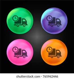 Delivery truck with circular clock crystal ball design icon in green - blue - pink and orange.