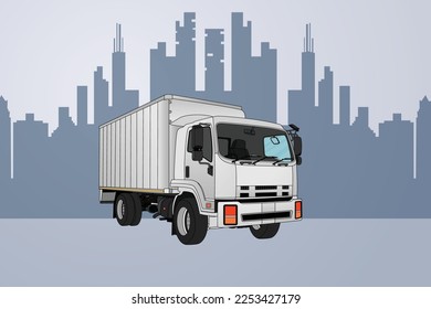 Delivery truck and city background. Transport services, logistics, cargo truck illustration