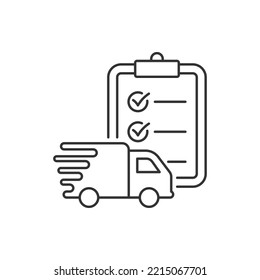 Delivery truck and clipboard. Shipping form checklist icon concept isolated on white background. Vector illustration