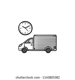 Delivery truck with clock hand drawn outline doodle icon. Logistics, fast shipping, order delay concept. Vector sketch illustration for print, web, mobile and infographics on white background.