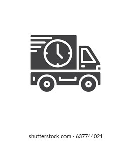 Delivery truck with clock icon vector, filled flat sign, solid pictogram isolated on white. Symbol, logo illustration. Pixel perfect