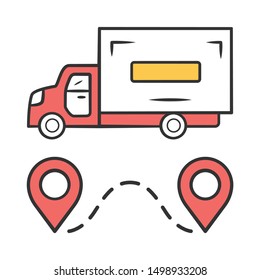 Delivery truck color icon. Cargo shipping lorry. Freight transportation auto. Heavy goods delivery van. Postal service vehicle. Logistics and distribution. Isolated vector illustration