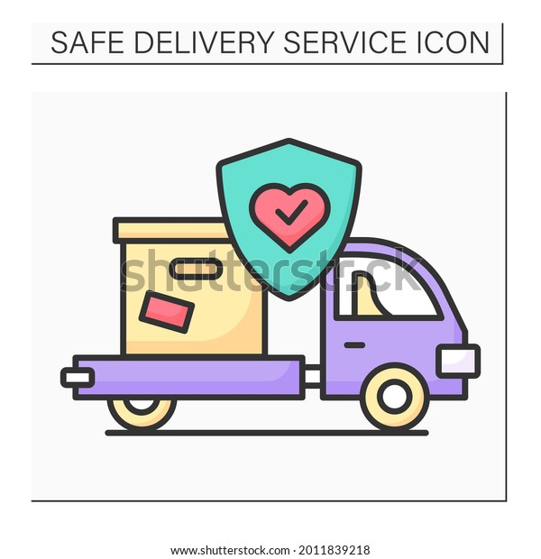 Delivery\
truck color icon. Courier pickup car with box and corona virus\
stop. Order delivery and post service logistic in corona virus\
retail lockdown. Isolated vector\
illustration