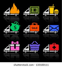 Delivery truck color icons on a black background