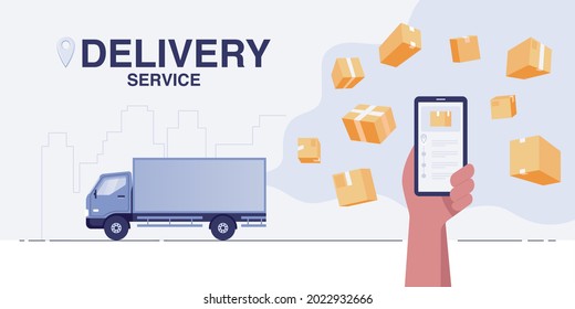 Delivery truck concept. Fast delivery service app on smartphone. vector illustration