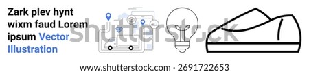 Delivery truck, connected devices, and navigation pins, signifying logistics. Light bulb for innovation and ideas. Shoe as a product focus. Ideal for technology, logistics, innovation, product