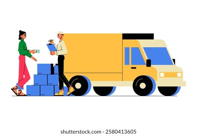 Delivery Truck And Courier Handing Parcel To Customer In Flat Vector Illustration Symbolizing E Commerce, Logistics, Shipping, And Last Mile Delivery, Isolated On White Background.