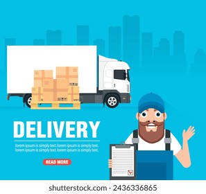 Delivery truck and deliveryman. Delivery concept design flat. Vector illustration