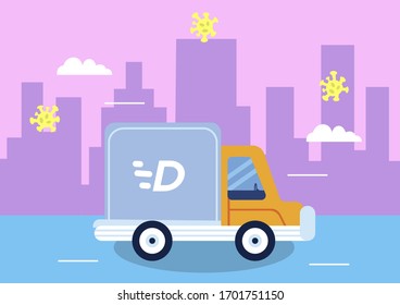 Delivery truck design illustration, With city background and corona virus, Can be used for many purpose