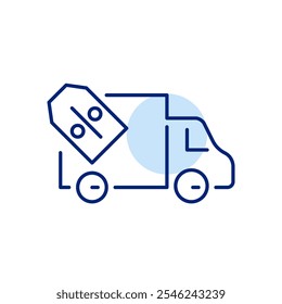 Delivery truck and discount price tag. Shipment deals, logistics partner discounts. Pixel perfect, editable stroke icon